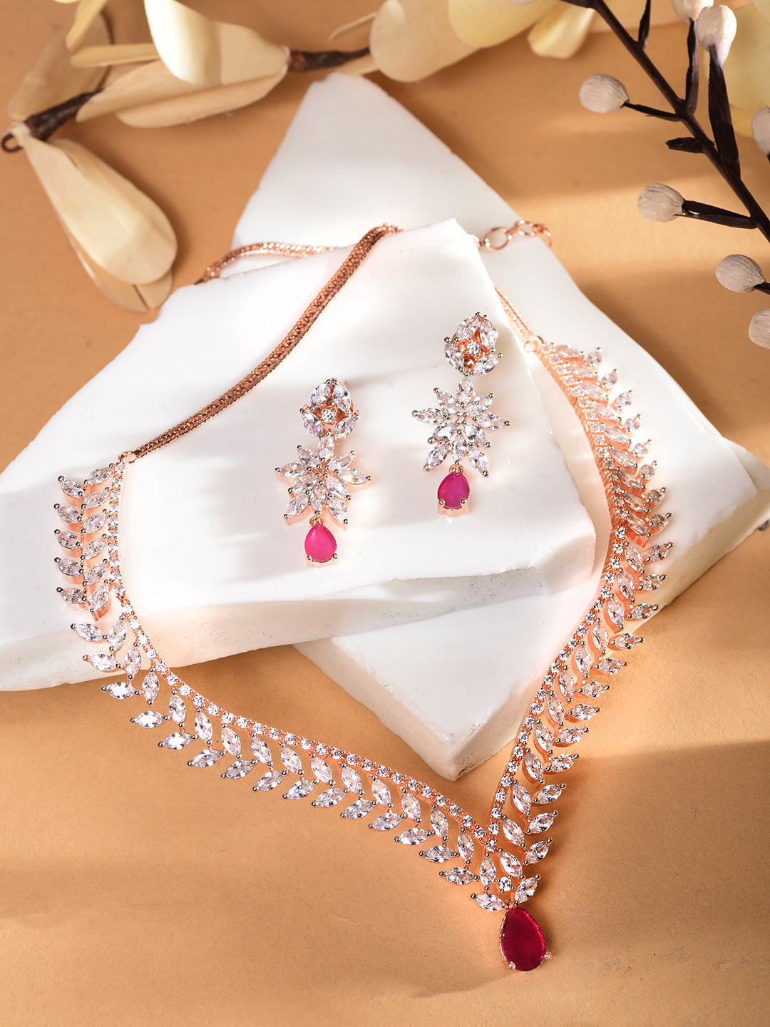 Rose Gold Plated Red AD Studded Statement Necklace Jewellery Set, zaveri pearls, sale price rs, sale price, sale gold plated, sale gold, sale, rubans, ring, regular price, priyassi jewellery,